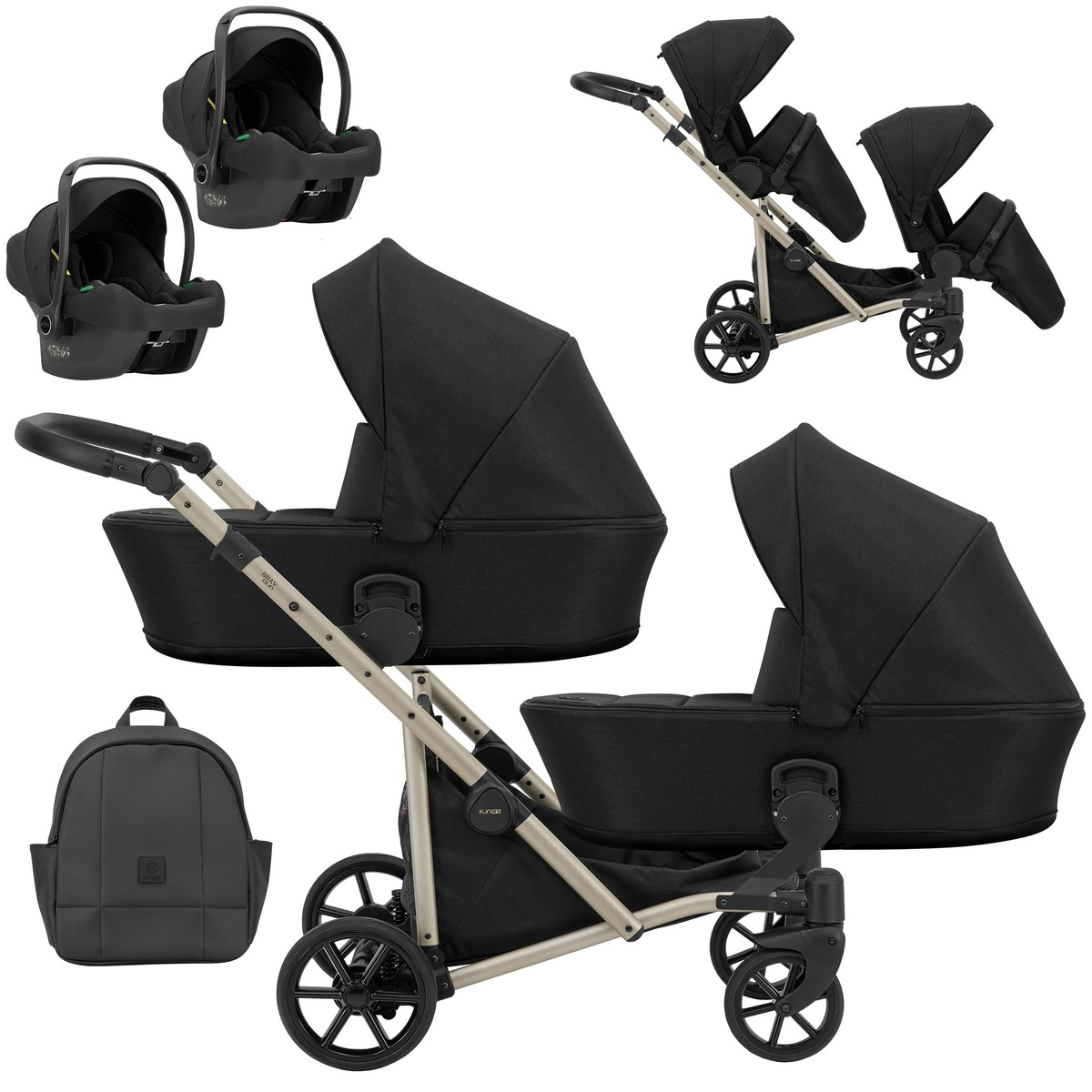 Schwarzer Kinderwagen mit zwei Babywannen, zwei Autositz-Trägern und einem Rucksack.