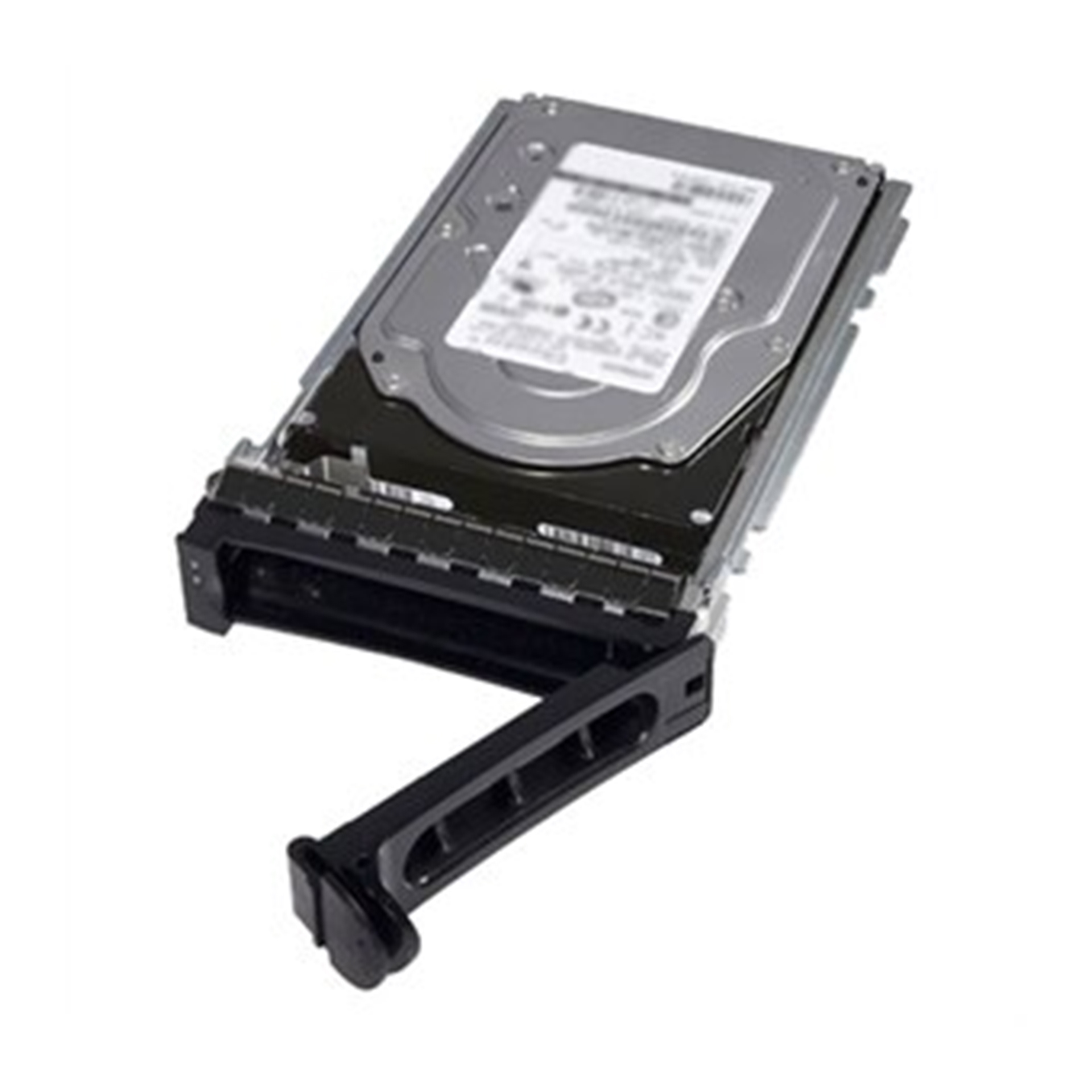 Un hard disk argentato con vassoio nero attaccato, su sfondo bianco.