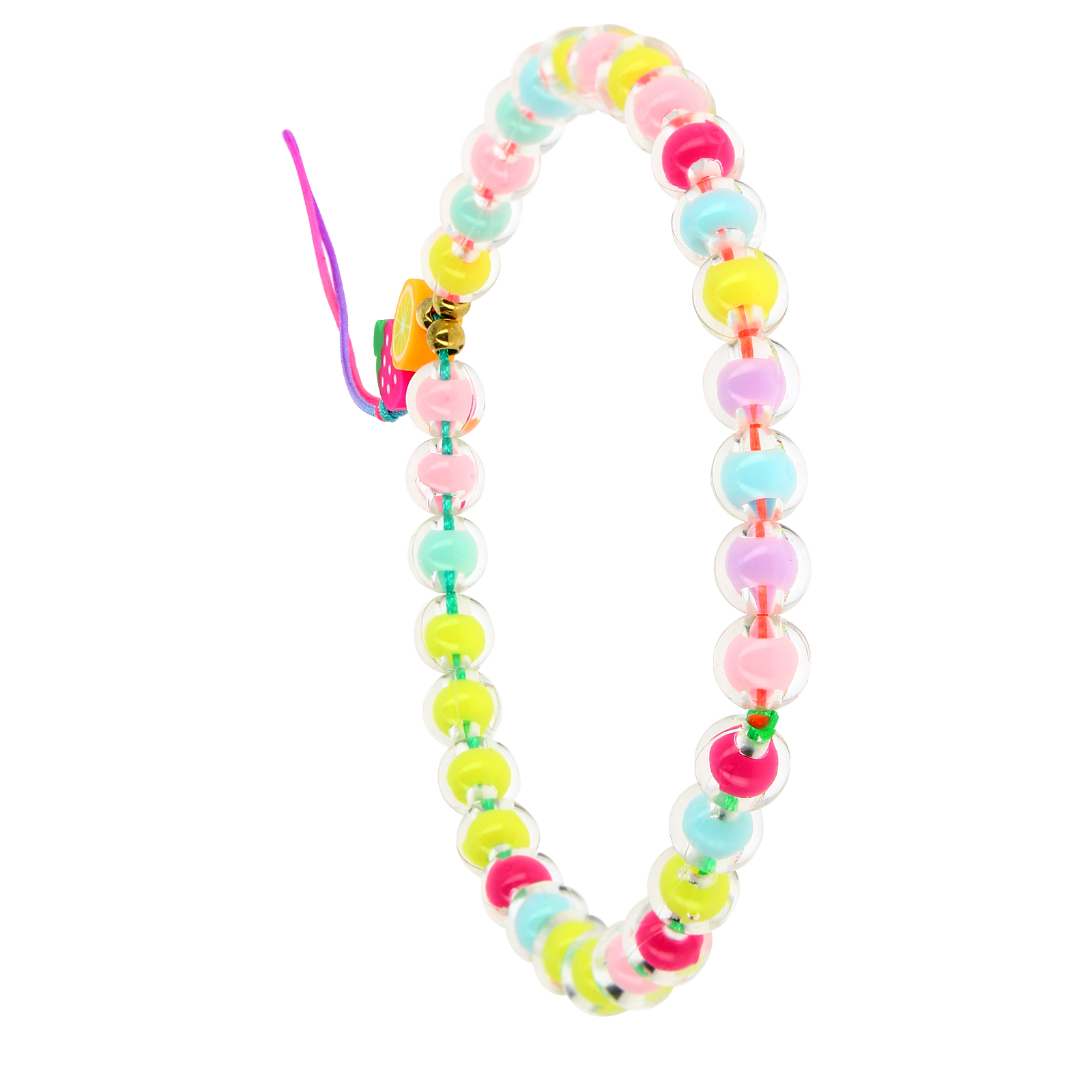 Bracciale colorato con perline, ciondoli di frutta e cordino.