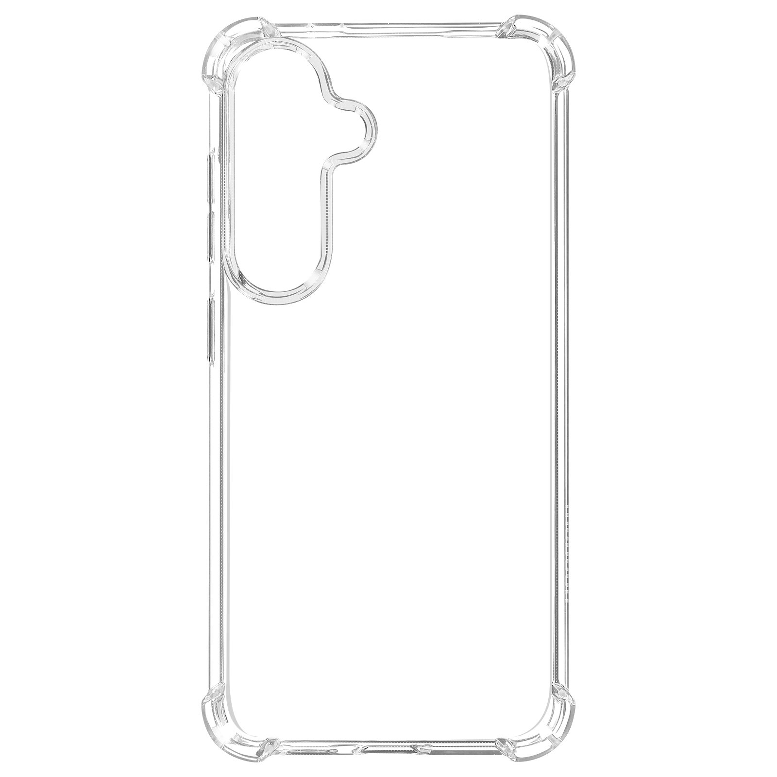 Custodia trasparente per telefono con ritagli per fotocamera e pulsanti.
