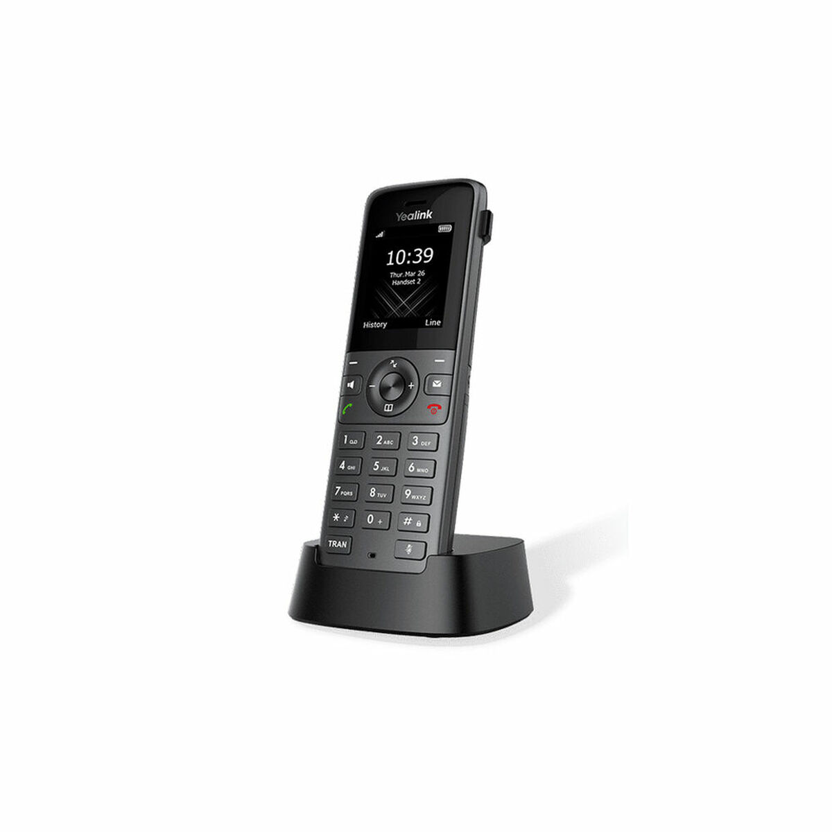 Ein schwarzes schnurloses Yealink-Telefon mit einem Bildschirm, der 10:39 anzeigt, ruht auf seiner Ladestation.