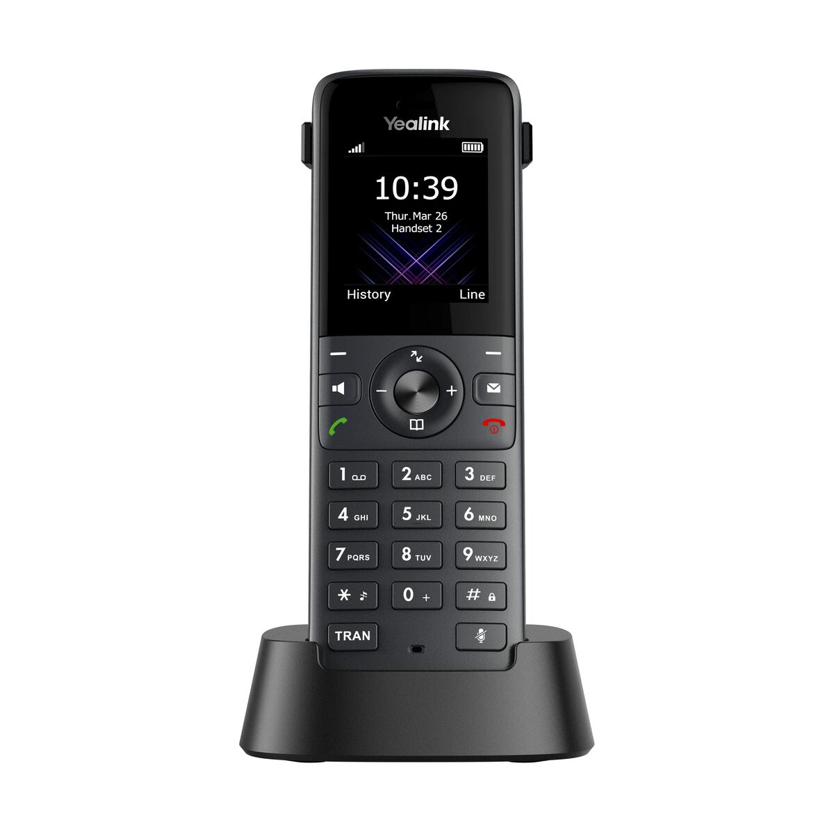 Ein schwarzes schnurloses Yealink-Telefon mit Ladestation. Auf dem Bildschirm steht 10:39.