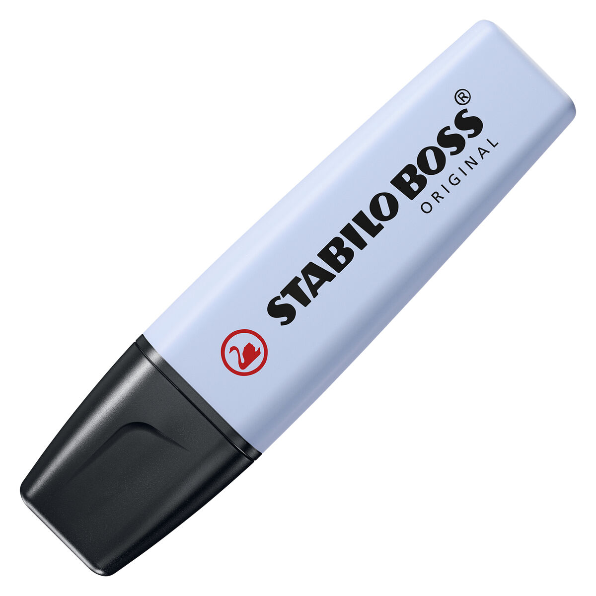 Un evidenziatore Stabilo Boss azzurro con cappuccio nero e logo cigno rosso.