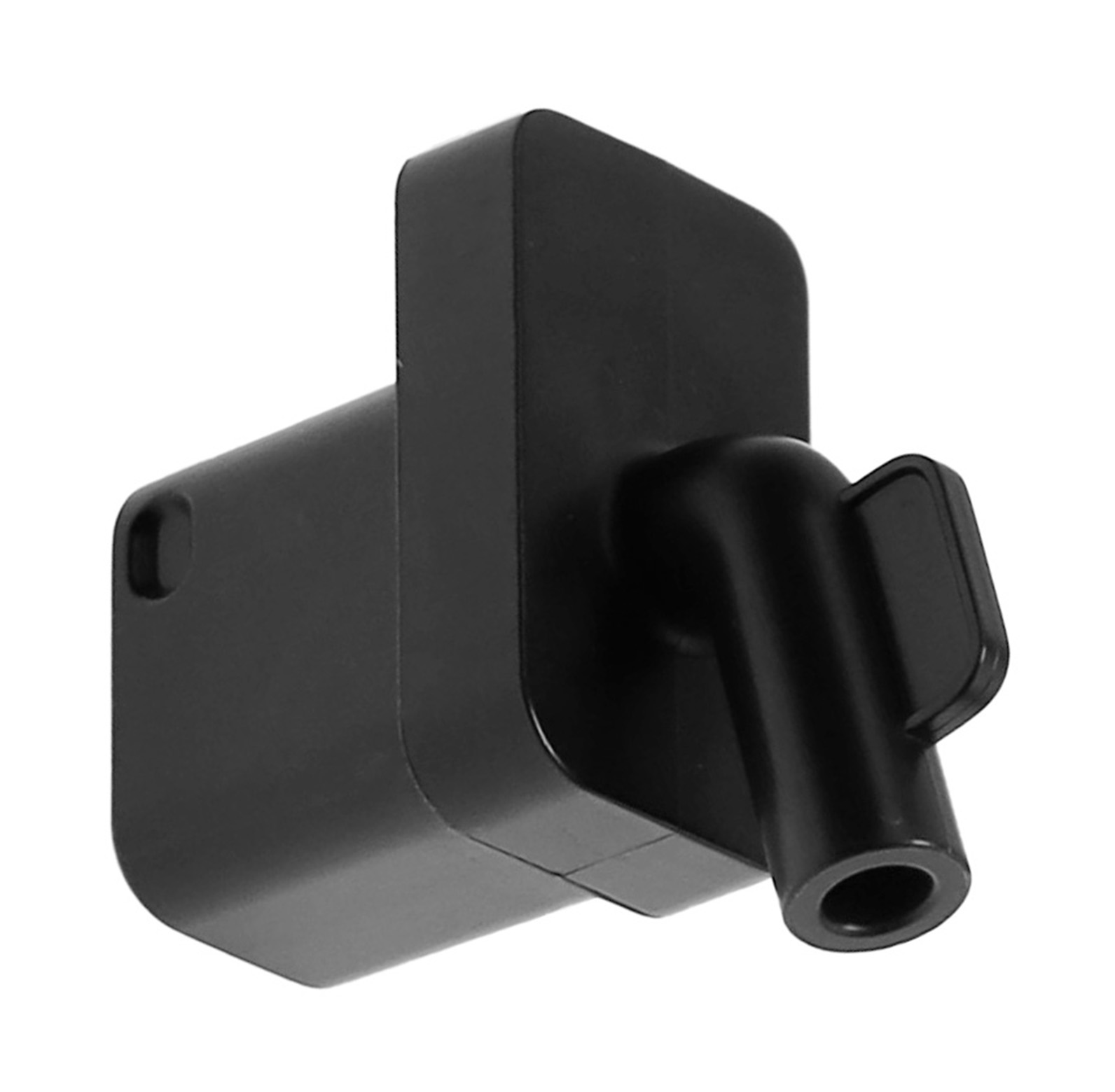 Ein schwarzer, rechteckiger Stecker mit einem abgewinkelten Auslass.