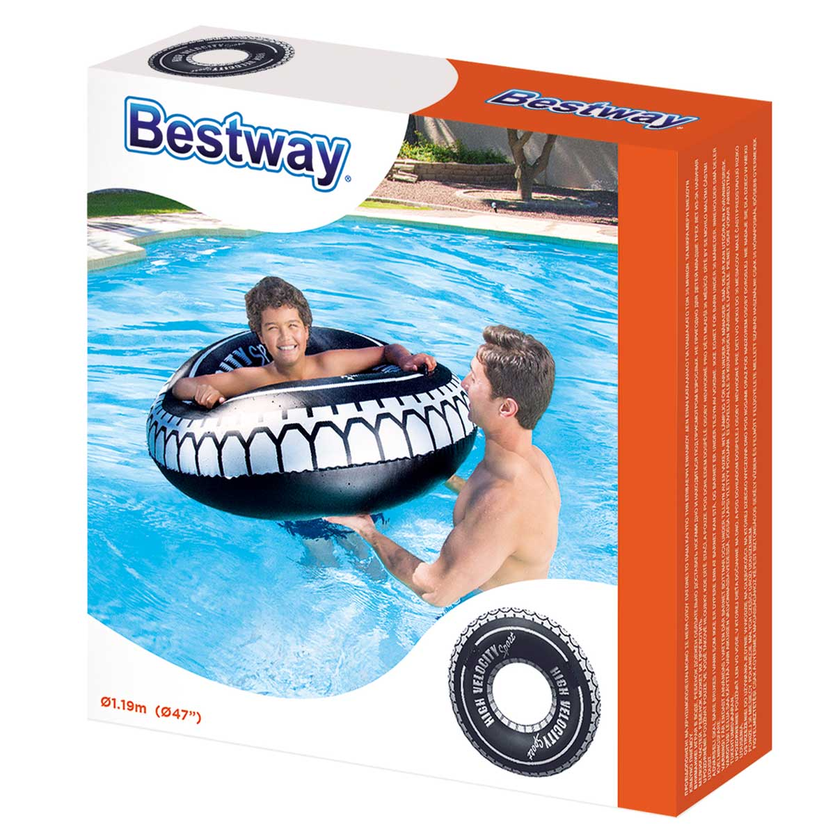 Un uomo tiene un bambino in un salvagente gonfiabile in una piscina. Confezione prodotto Bestway.