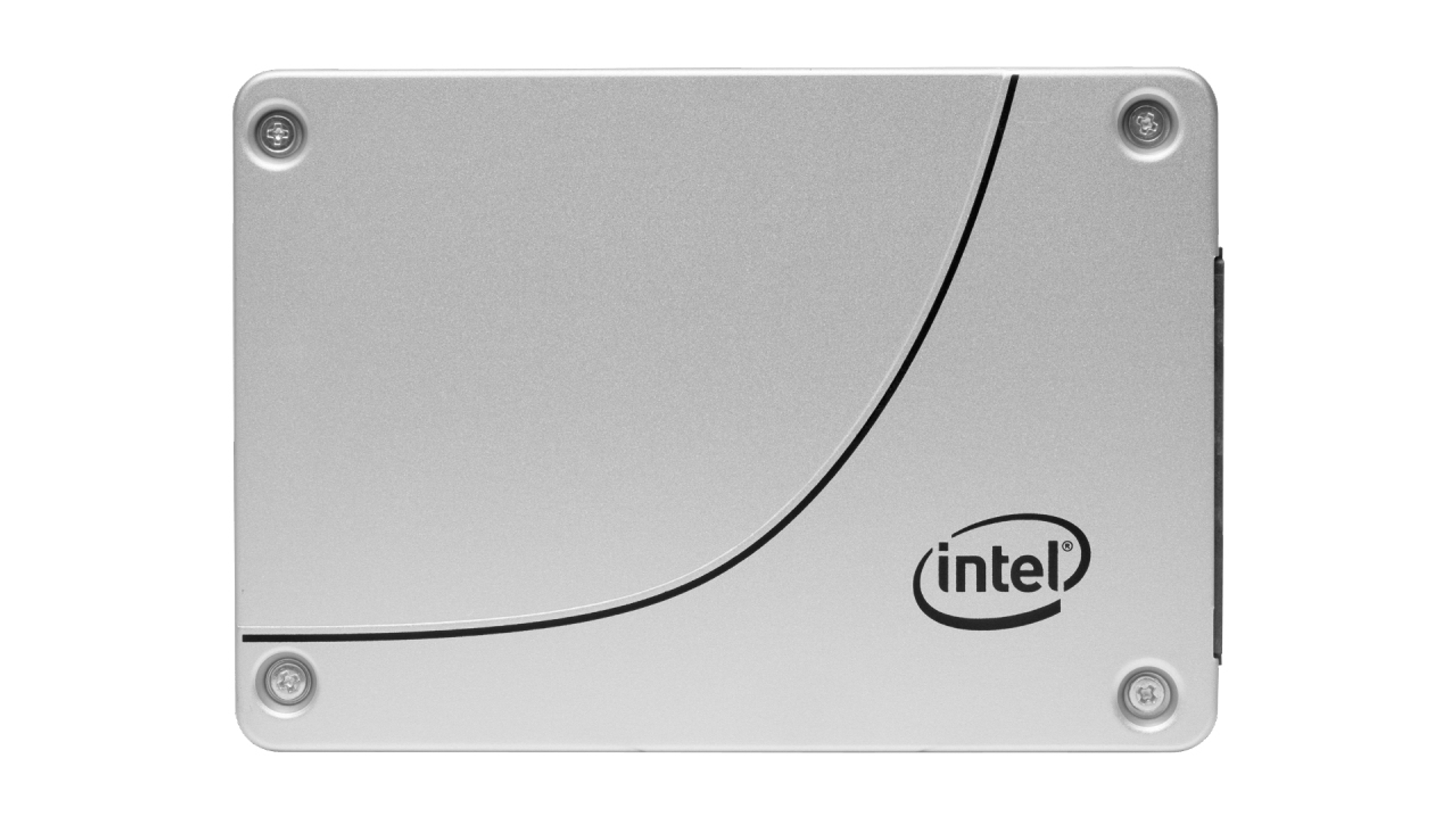 SSD Intel argentato con curva nera e viti.