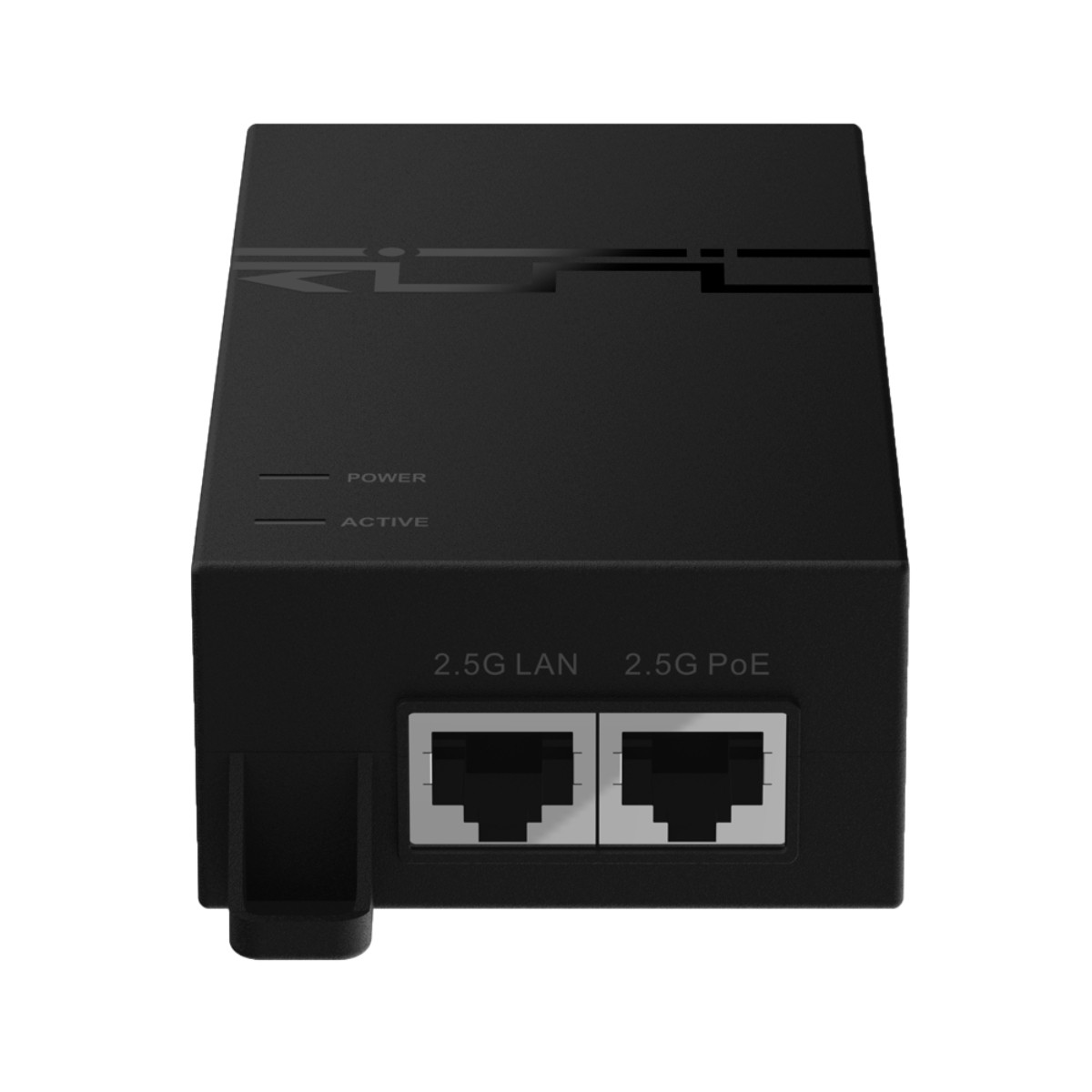 Adattatore di rete nero con due porte RJ45 etichettate 2.5G LAN e 2.5G PoE.
