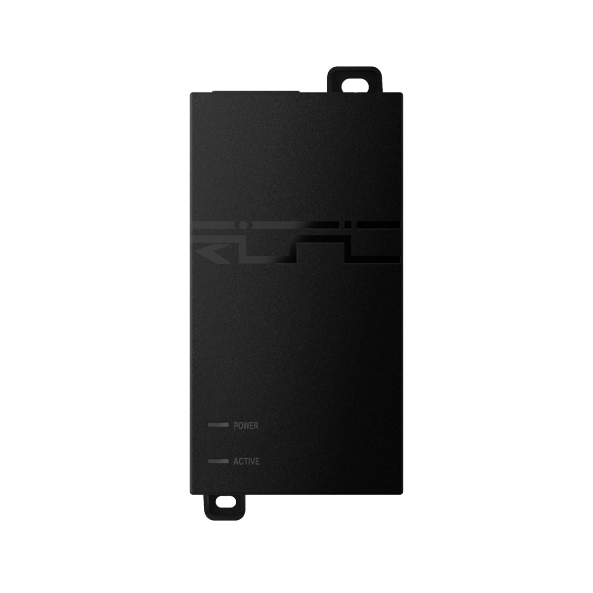Rettangolo nero con logo argentato in alto ed etichette POWER e ACTIVE in basso.
