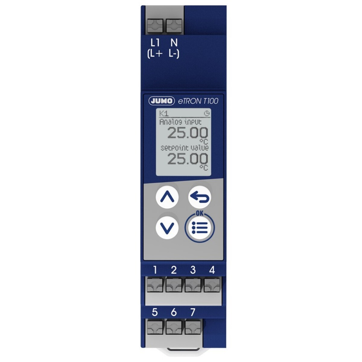 Dispositivo JUMO eTRON T100 blu con schermo che mostra ingresso analogico 25,00°C e valore di setpoint.