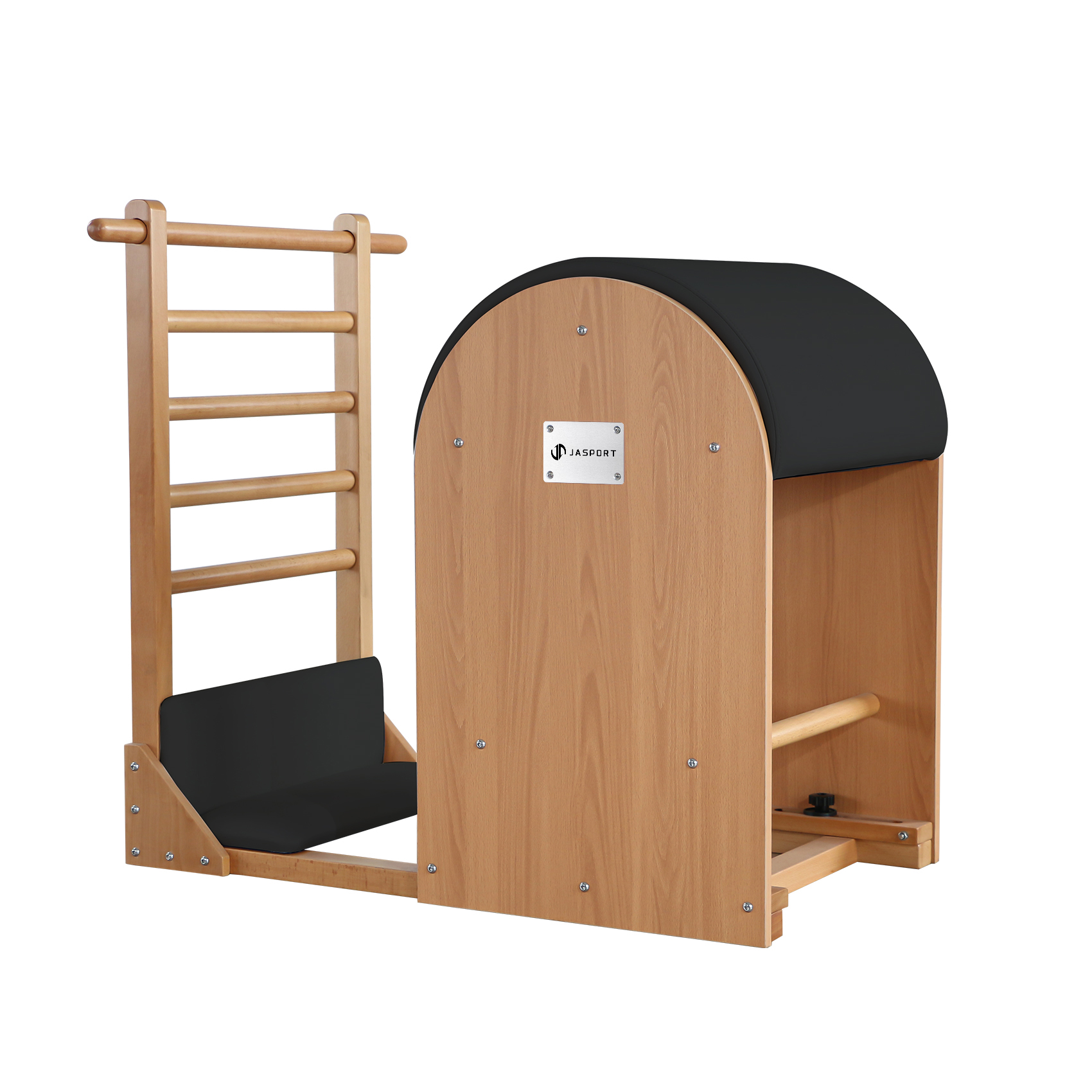 Hölzerne Pilates-Leiterfass mit schwarzem Sitz und gepolsterter Oberseite.