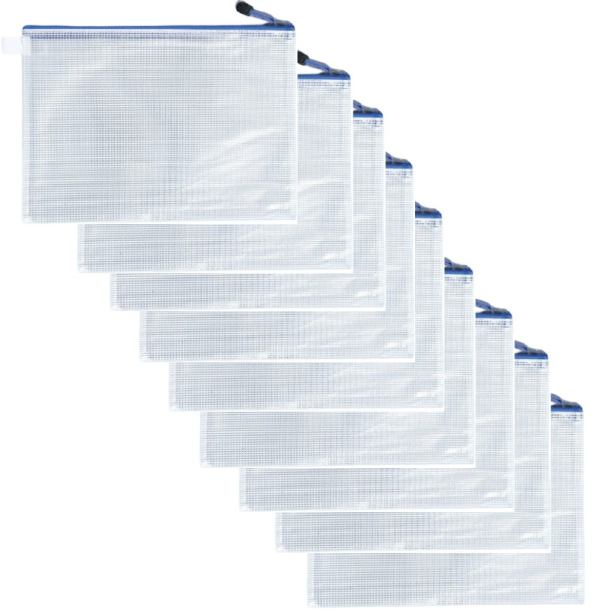 Grupa ośmiu przezroczystych siatkowych etui na zamek z niebieskim wykończeniem, ułożonych po przekątnej.