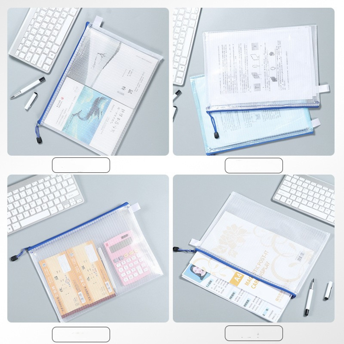 Cztery obrazy siateczkowych toreb na dokumenty z papierami, kalkulatorami, długopisami i klawiaturami.