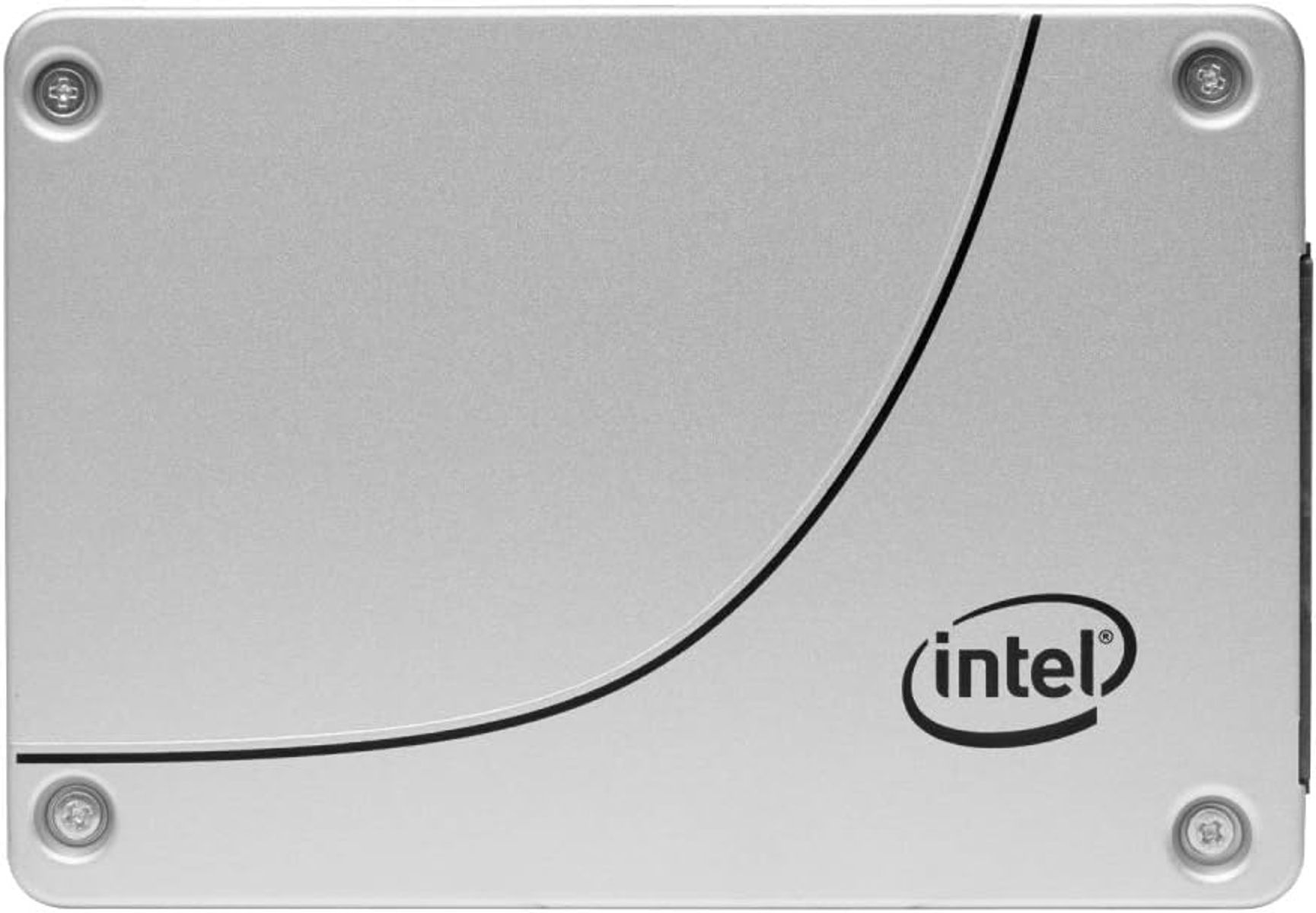 SSD Intel argentato con linea curva nera e viti.