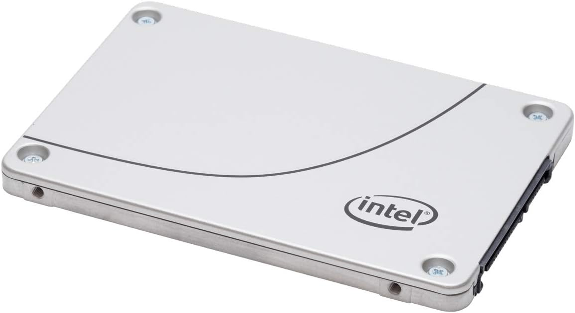 Un'unità SSD Intel argentata con connettore nero e viti su sfondo bianco.