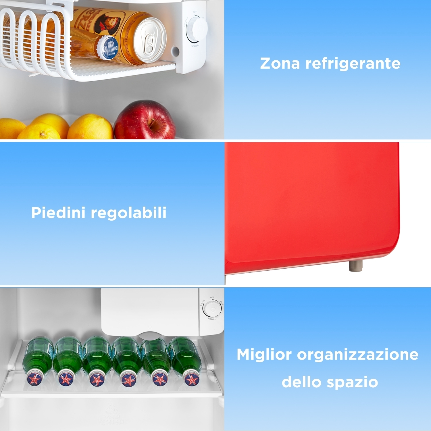 Dentro de un refrigerador: estante superior con bebidas, medio con frutas, inferior con botellas. Detalle rojo exterior.