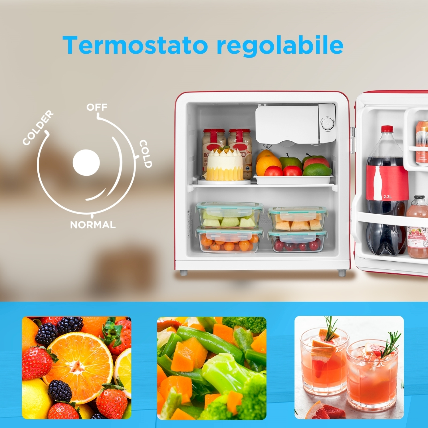 Un refrigerador rojo con un diagrama de termostato y tres imágenes de alimentos.