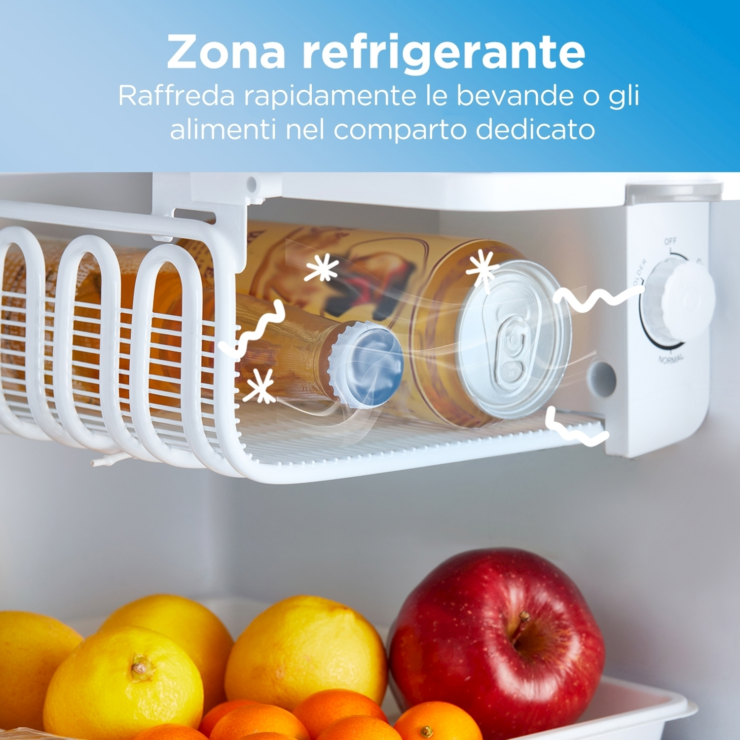 Un compartimento con fruta y una lata en un refrigerador. Zona de enfriamiento.