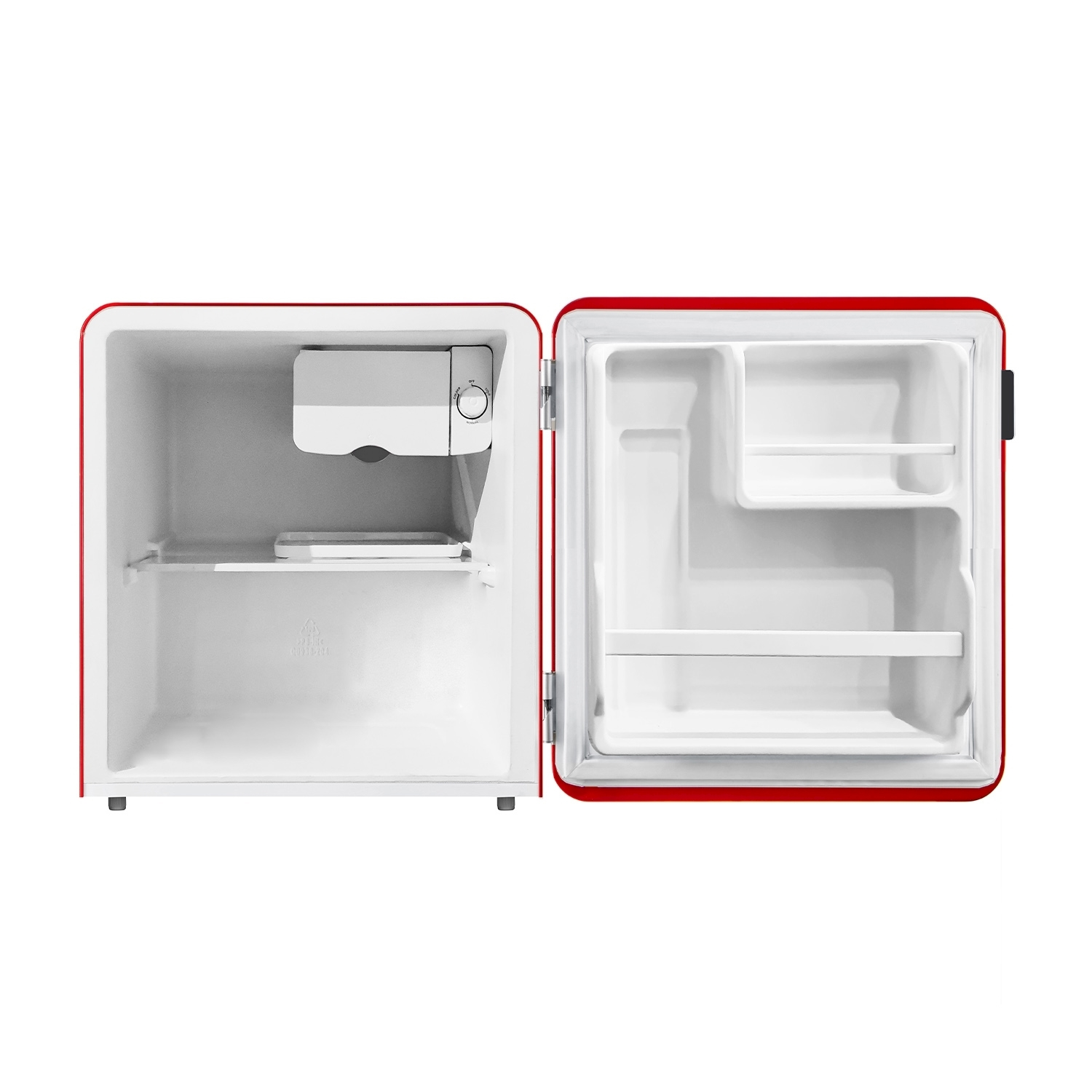 Mini nevera roja abierta, estantes interiores blancos y compartimento arriba.