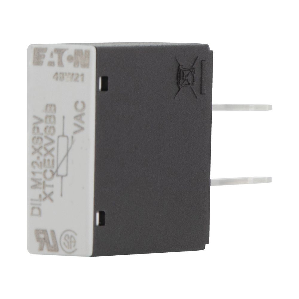 Relè Eaton DIL M12-XSPV XTCEVABB con etichetta VAC e due pin bianchi.