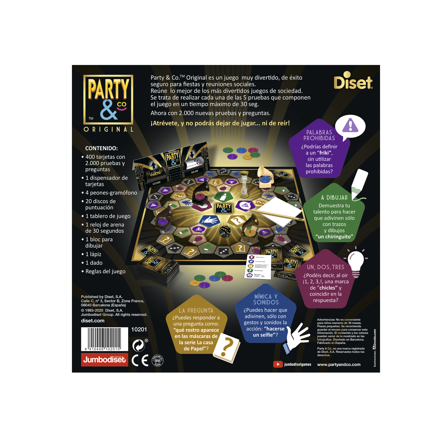 Gra planszowa 'Party & Co Original' z planszą, kartami, żetonami, klepsydrą i kostką.