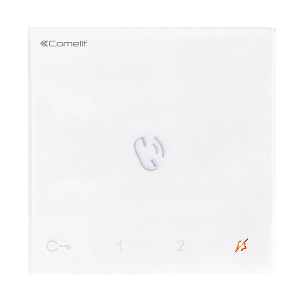 Pannello citofono Comelit bianco con icona del telefono, C, 1, 2 e simboli di silenzio.