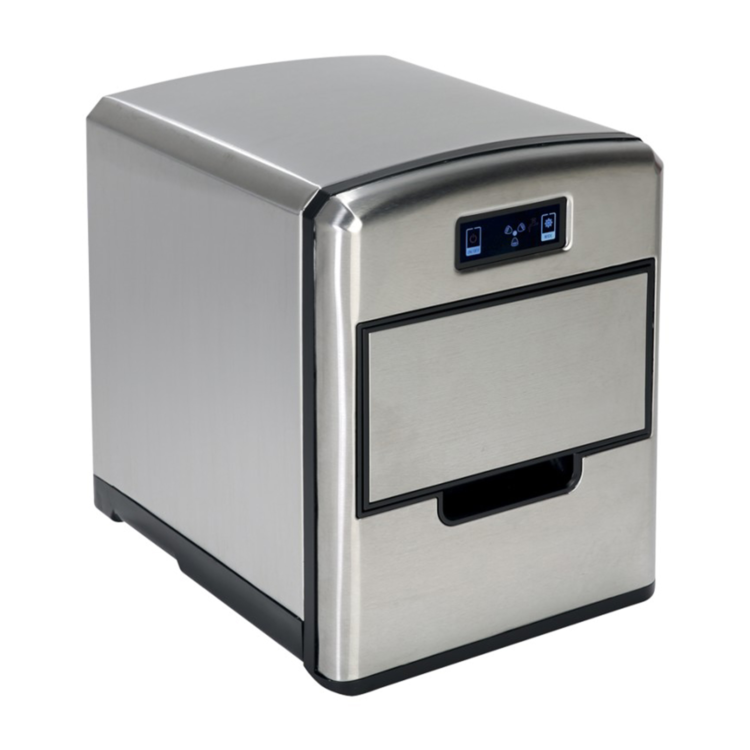 Una macchina per il ghiaccio argentata con finiture nere e display digitale su sfondo bianco.
