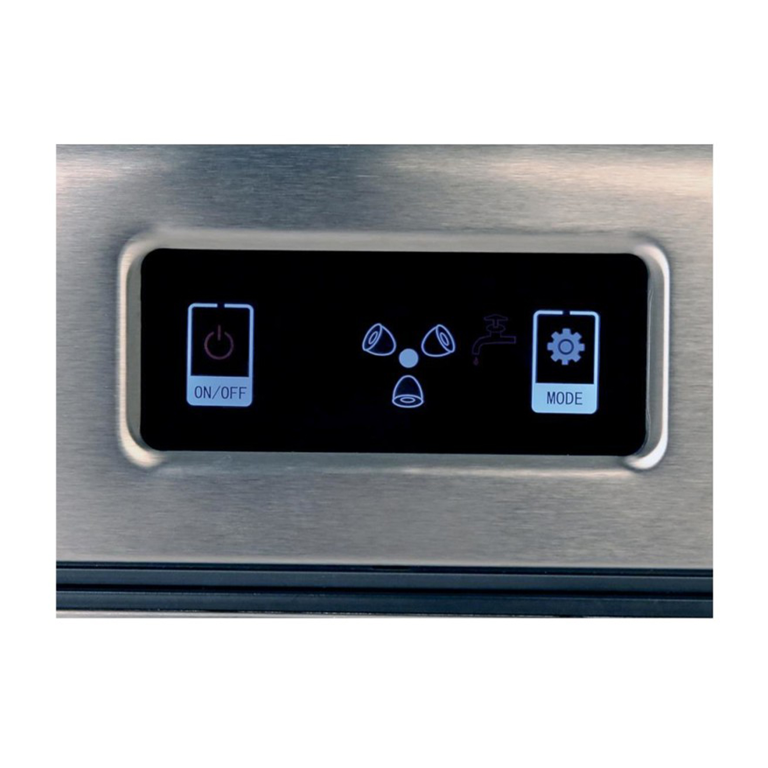 Display digitale con ON/OFF, icone ciclo e pulsante MODALITÀ su elettrodomestico argento.