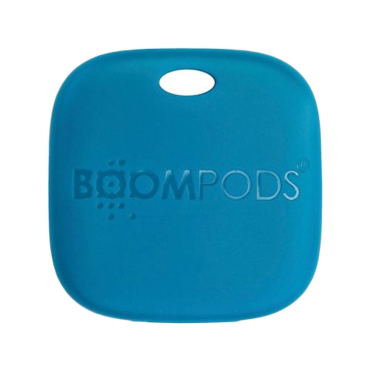 Un oggetto blu, a forma di quadrato, con angoli arrotondati e un foro in alto. La scritta BOOMPODS è in rilievo.