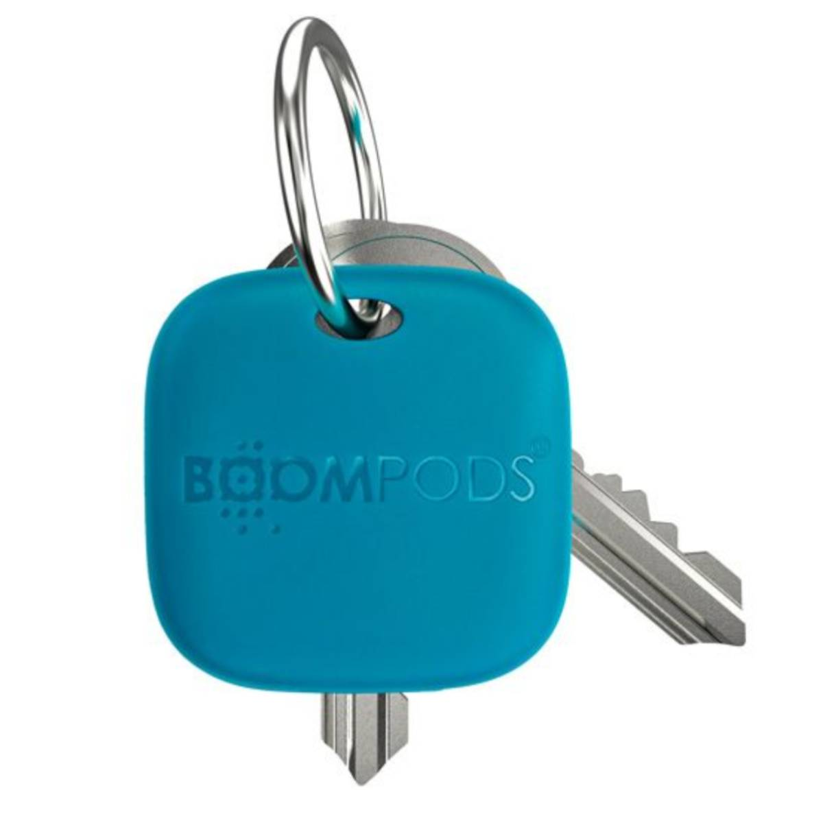 Un portachiavi blu con la scritta BOOMPODS è su un portachiavi d'argento con una chiave d'argento.