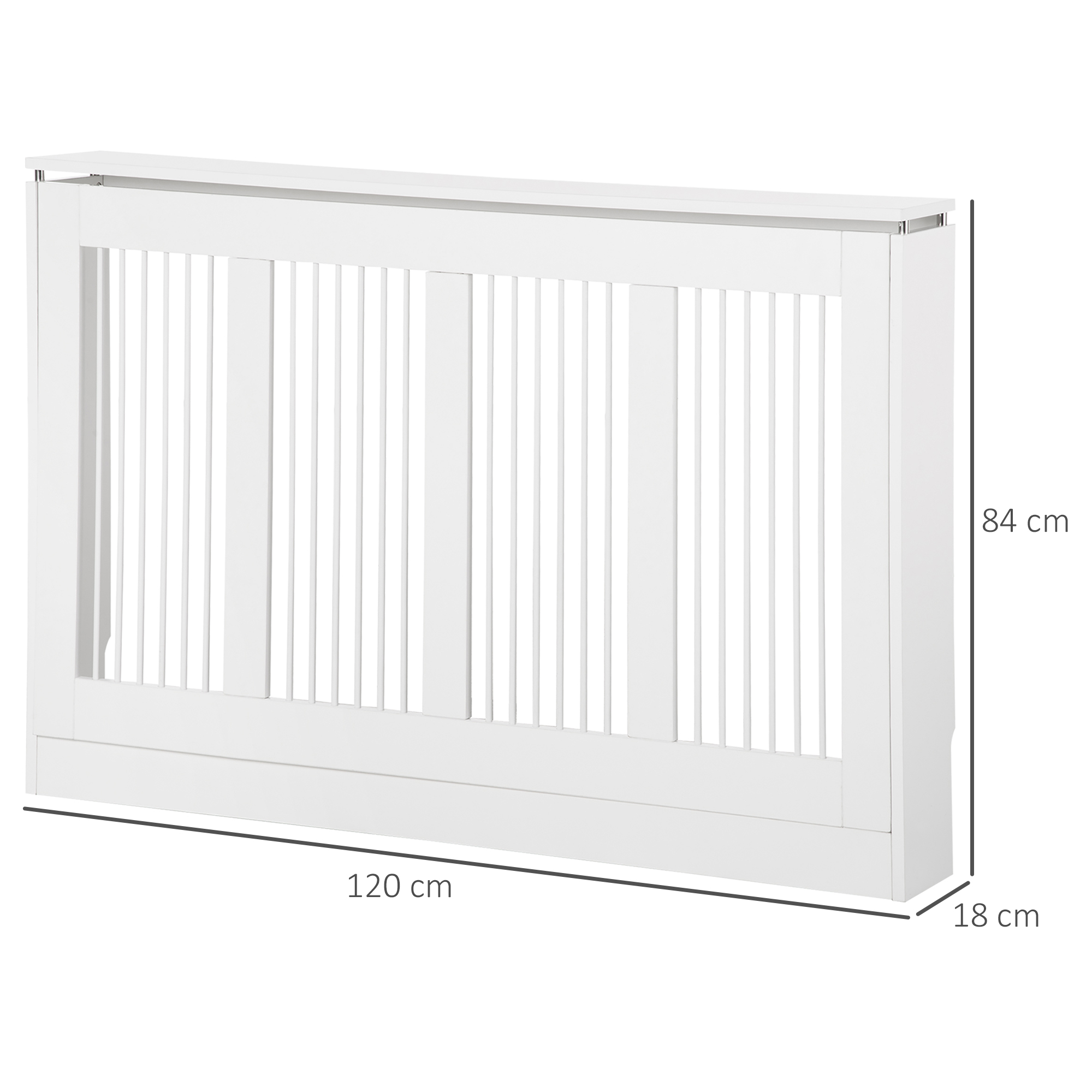 Copriradiatore in legno bianco con doghe verticali e superficie superiore piatta, con dimensioni di 120 cm di larghezza, 84 cm di altezza e 18 cm di profondità.