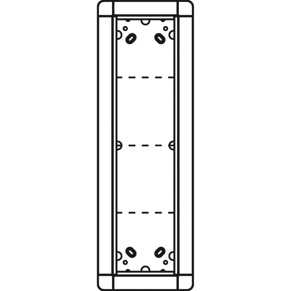 Disegno tecnico di un componente rettangolare con segni rotondi e tratteggiati.