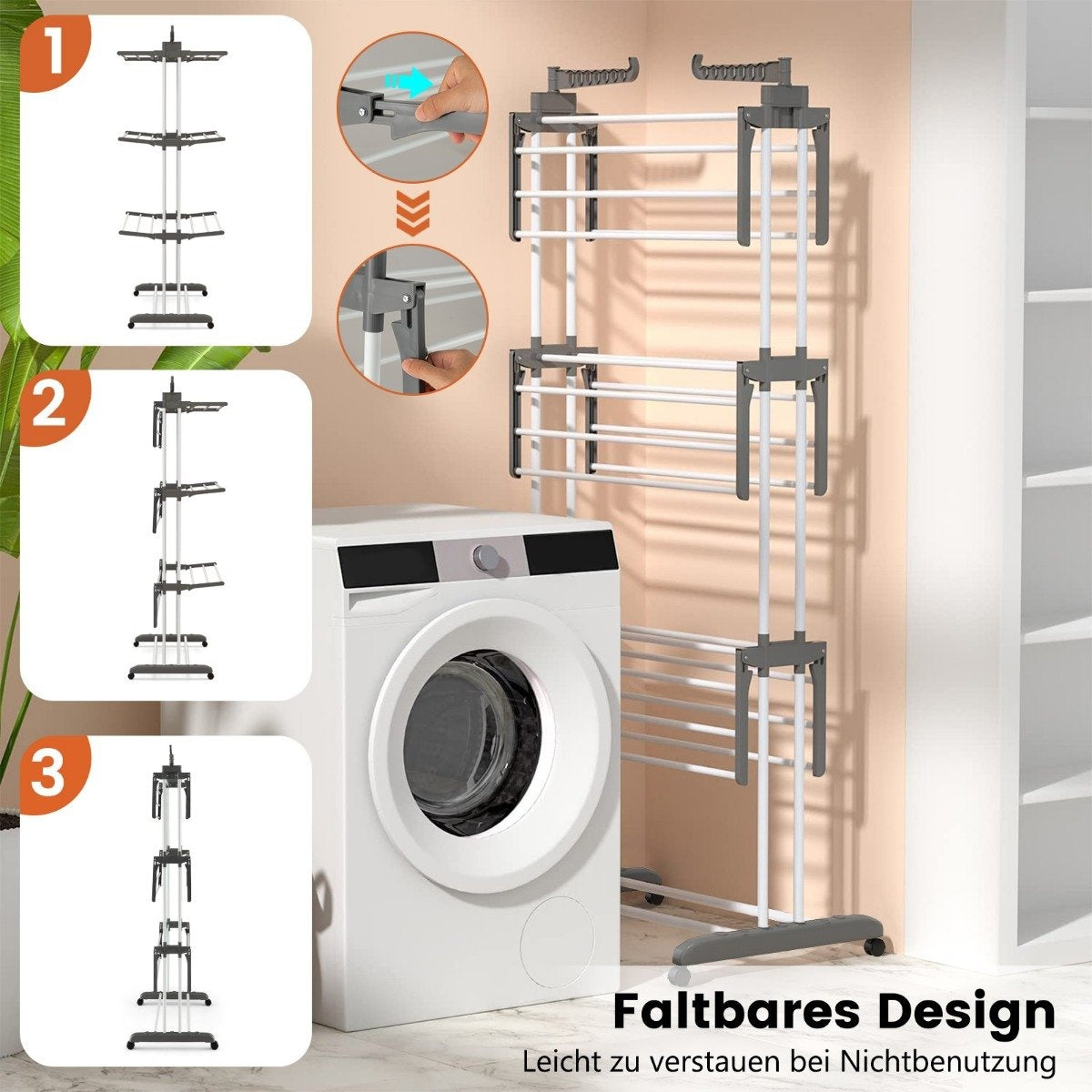 Un tendedero plegable junto a una lavadora, con tomas de detalle.