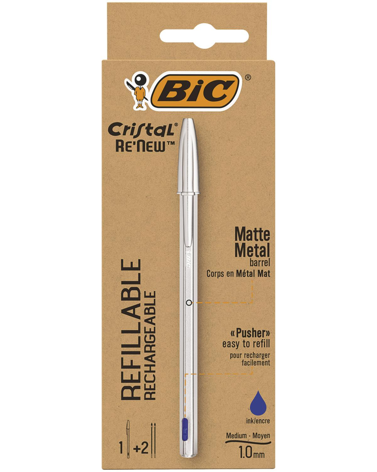 Una penna ricaricabile BIC Cristal ReNew con fusto argento opaco e inchiostro blu.