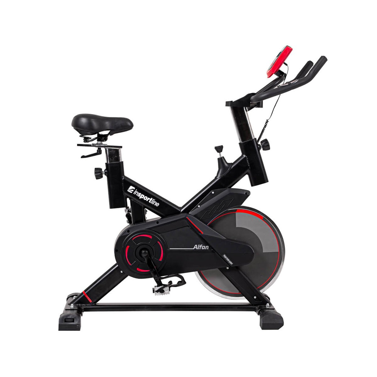 Cyclette da spinning da interno nera con display rosso sul manubrio e volano grande.