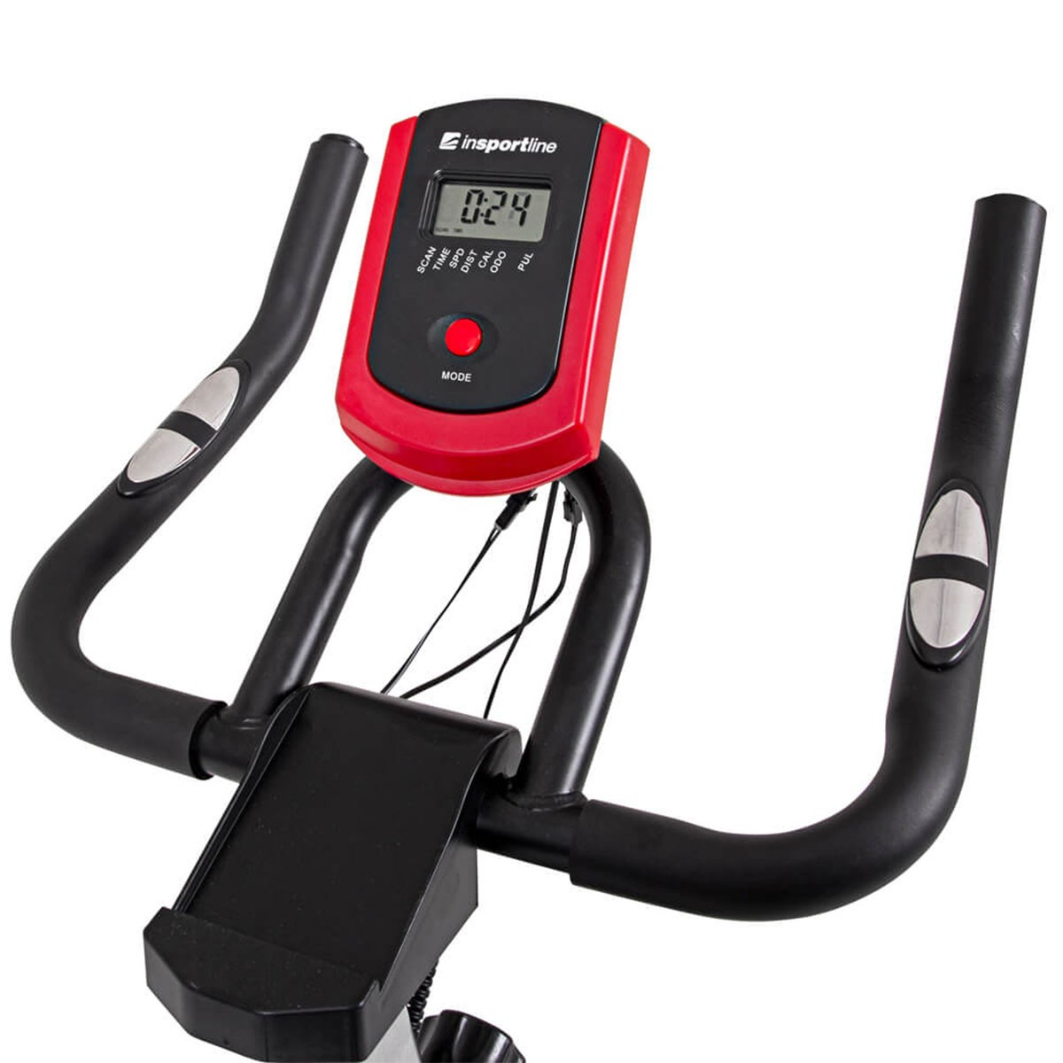 Primo piano del manubrio di una cyclette nera con display digitale rosso che mostra 0:24.