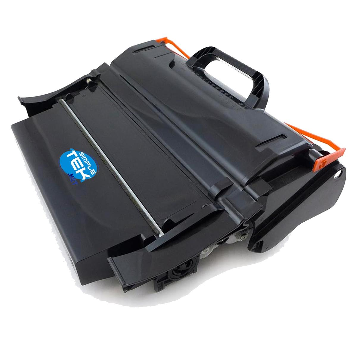 Cartuccia toner nera con leve arancioni e manico, su sfondo bianco.