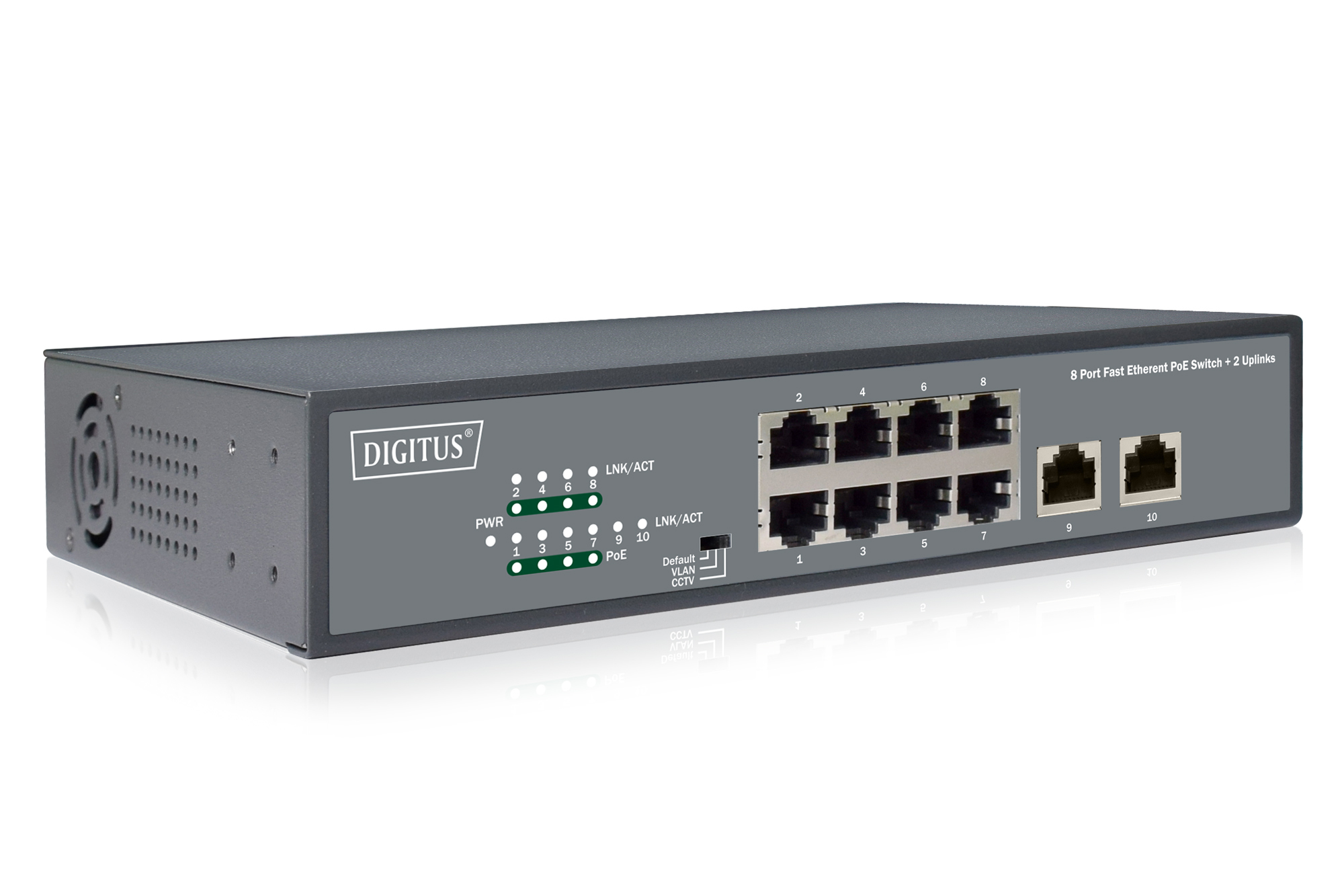 Switch PoE Digitus grigio a 8 porte con 8 porte Ethernet e 2 porte uplink.