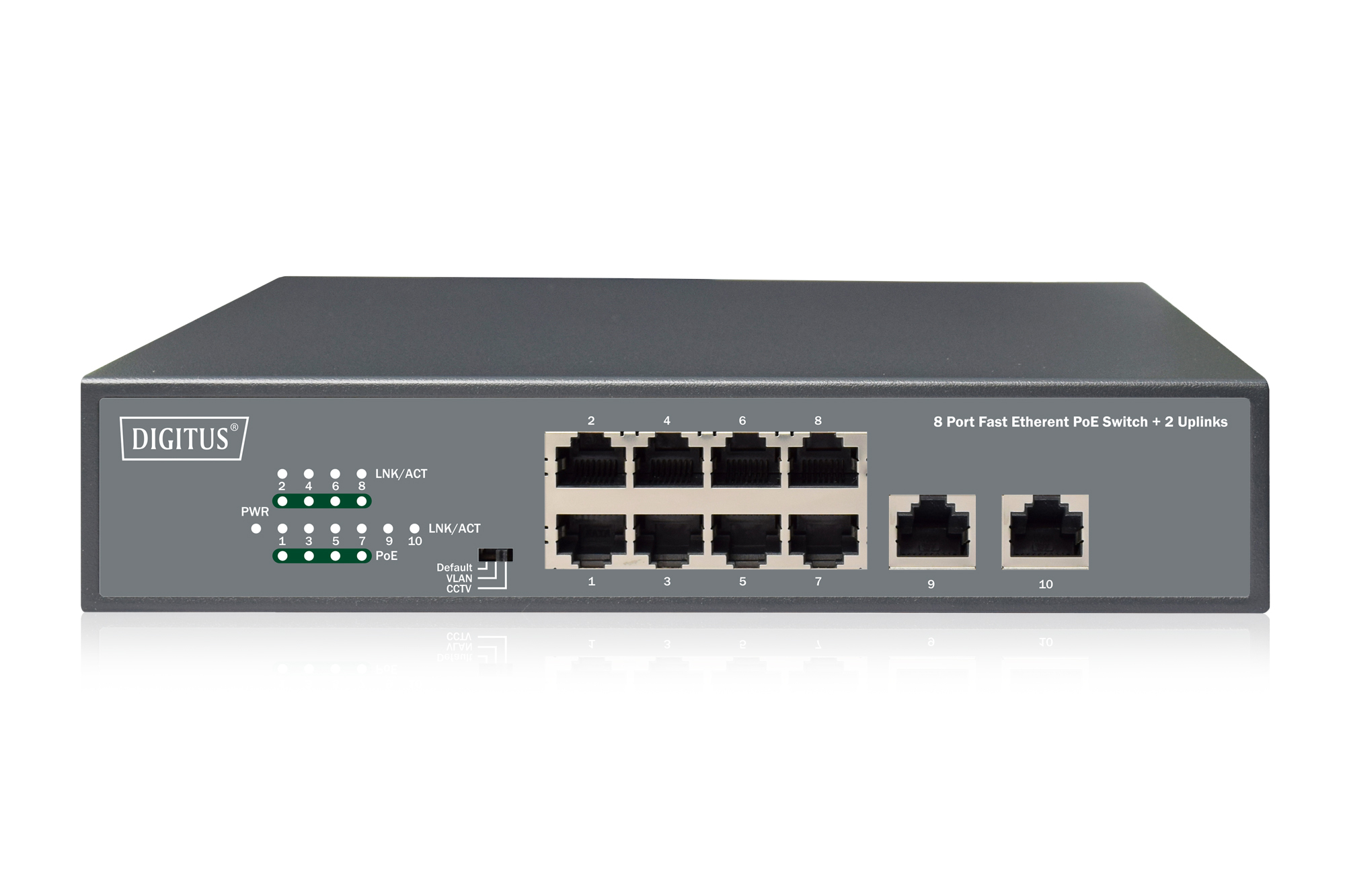 Uno switch PoE Fast Ethernet grigio a 8 porte con 2 uplink. Ha indicatori LED e porte RJ45.