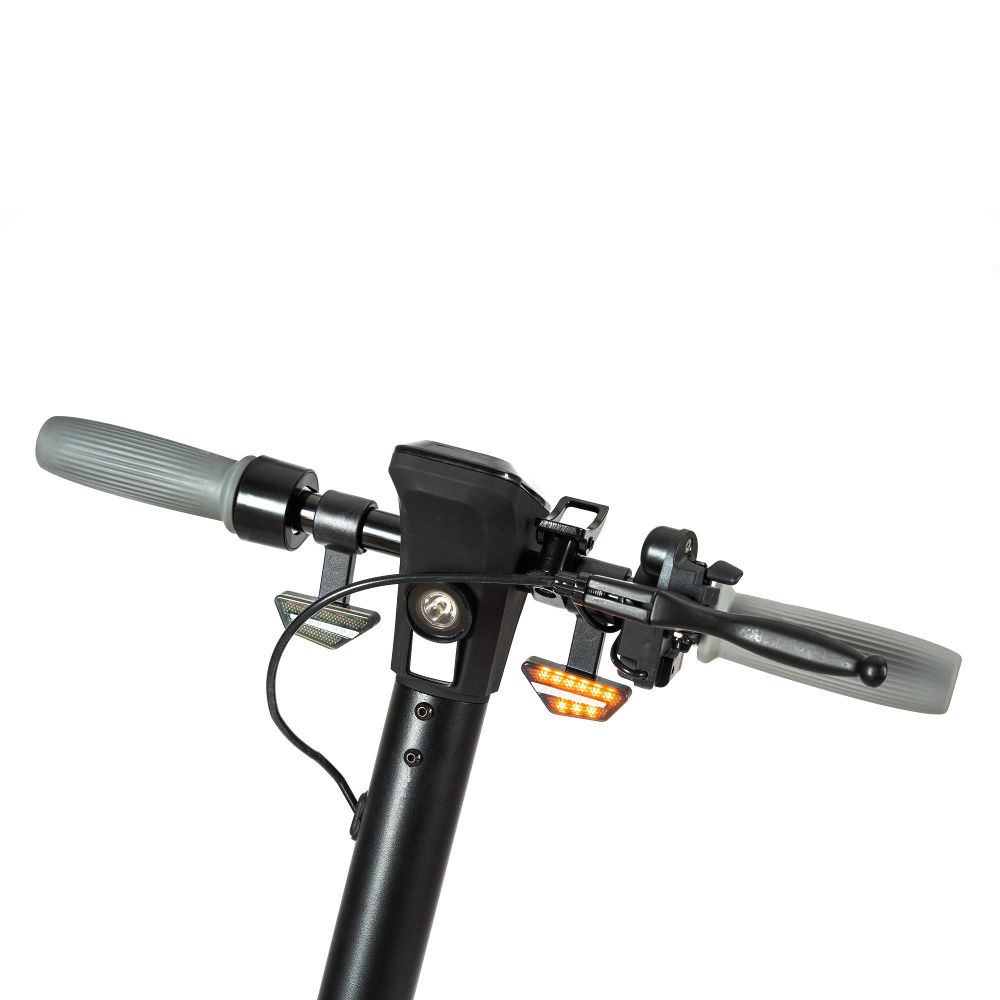 Manubrio monopattino elettrico con manopole grigie, leva del freno e frecce.