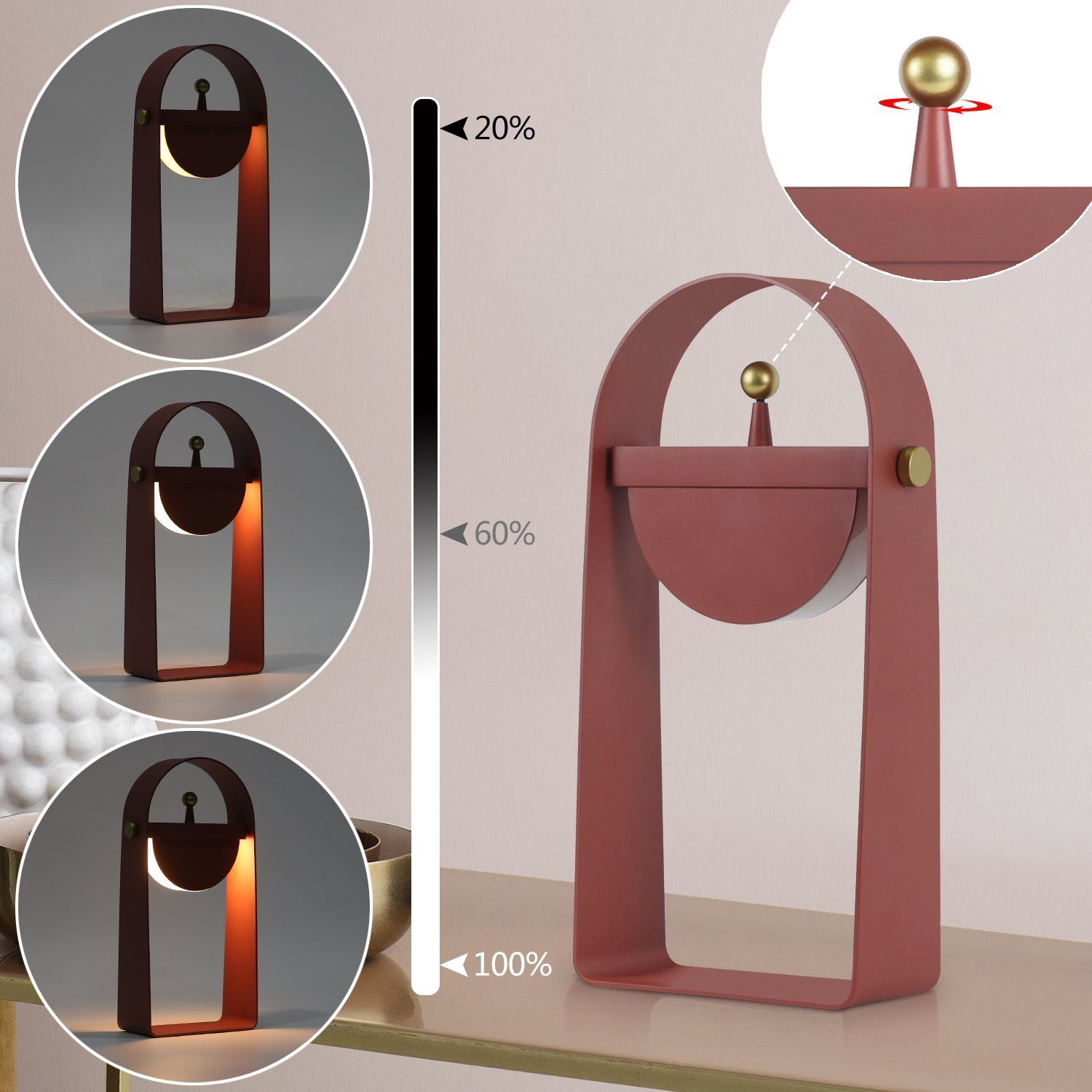 Lampada rossa con sfera dorata. Mostra livelli di luminosità 20%, 60%, 100%.