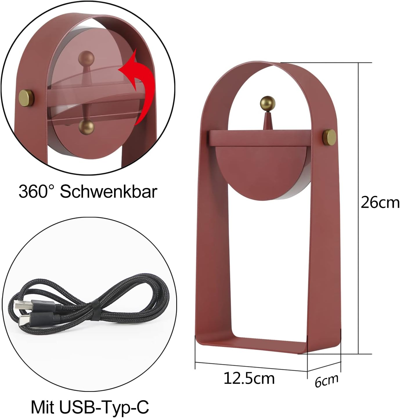 Una lampada moderna in rame con cavo USB-C. Dimensioni: 26cm A, 12,5cm L, 6cm P.