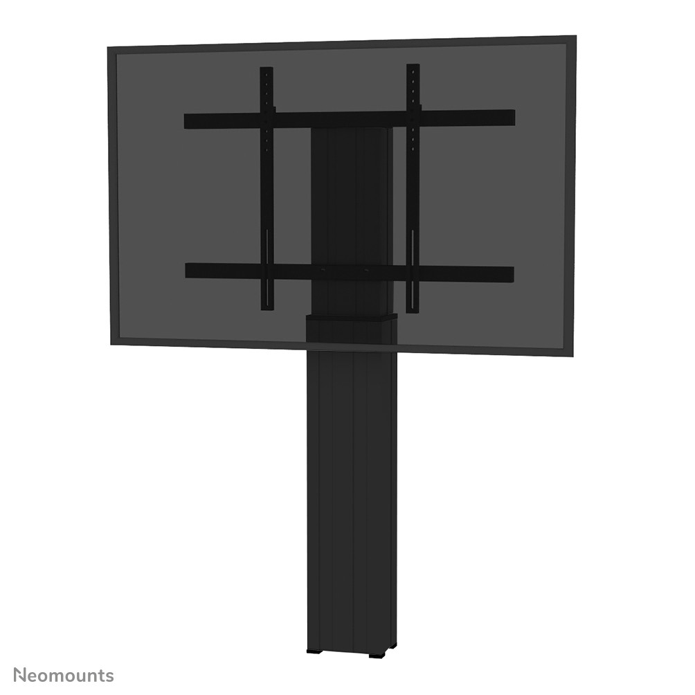 Un supporto TV nero autoportante con supporto rettangolare.