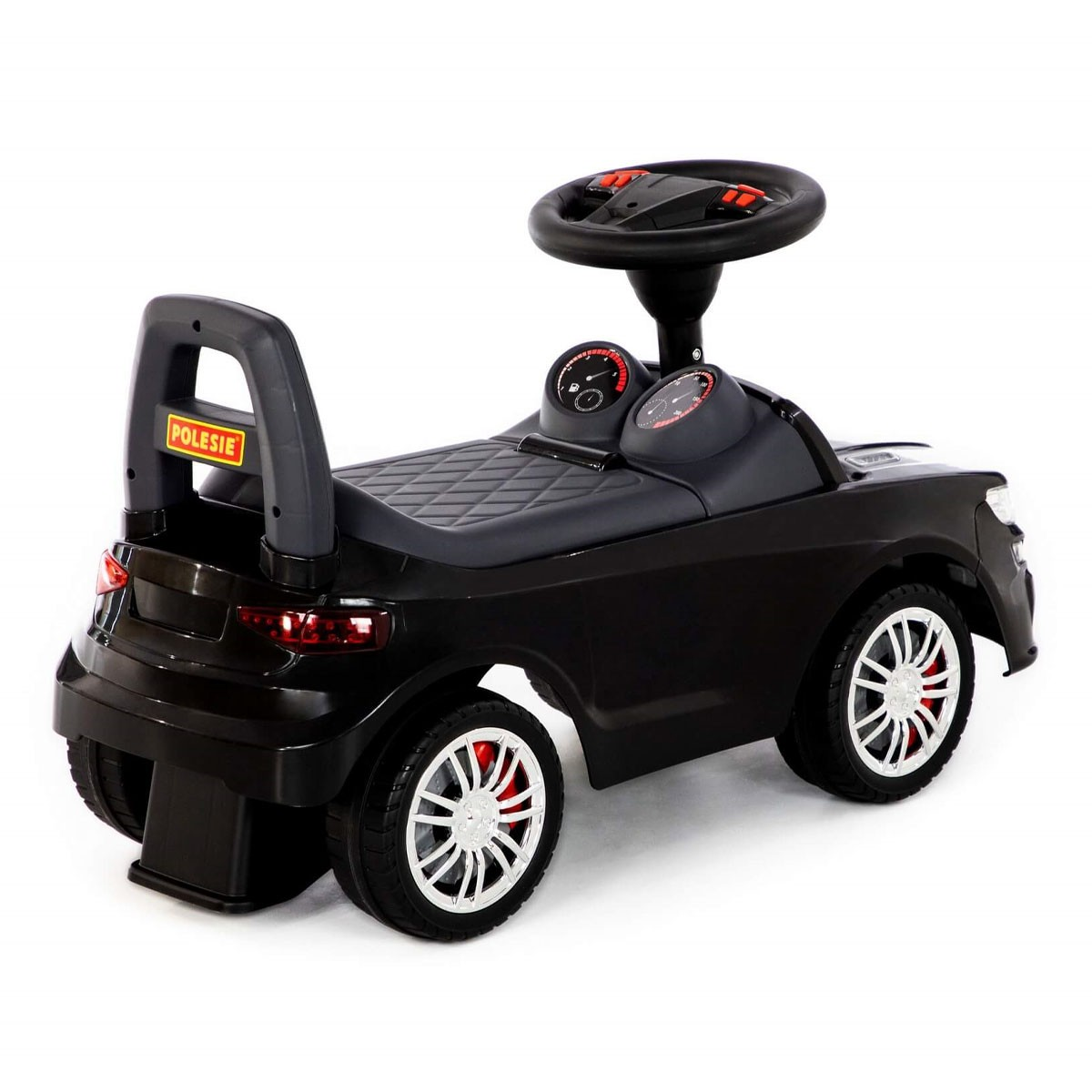 Macchinina nera per bambini con volante, sedile e ruote.