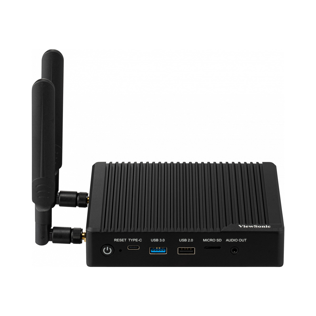 Mini PC ViewSonic nero con due antenne, porte USB e uscita audio.