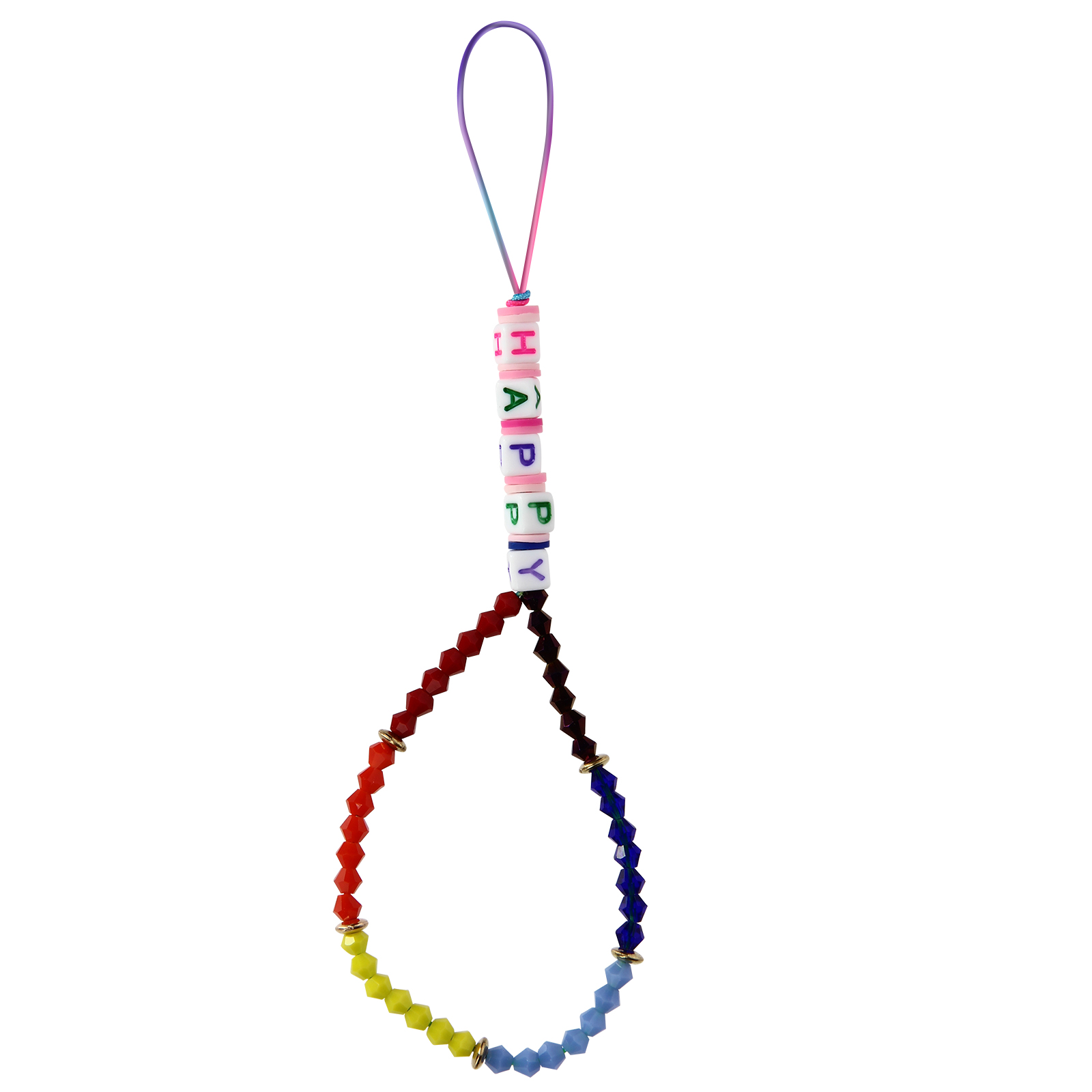 Filo di perline colorate che compongono HAPPY, con un anello multicolore.