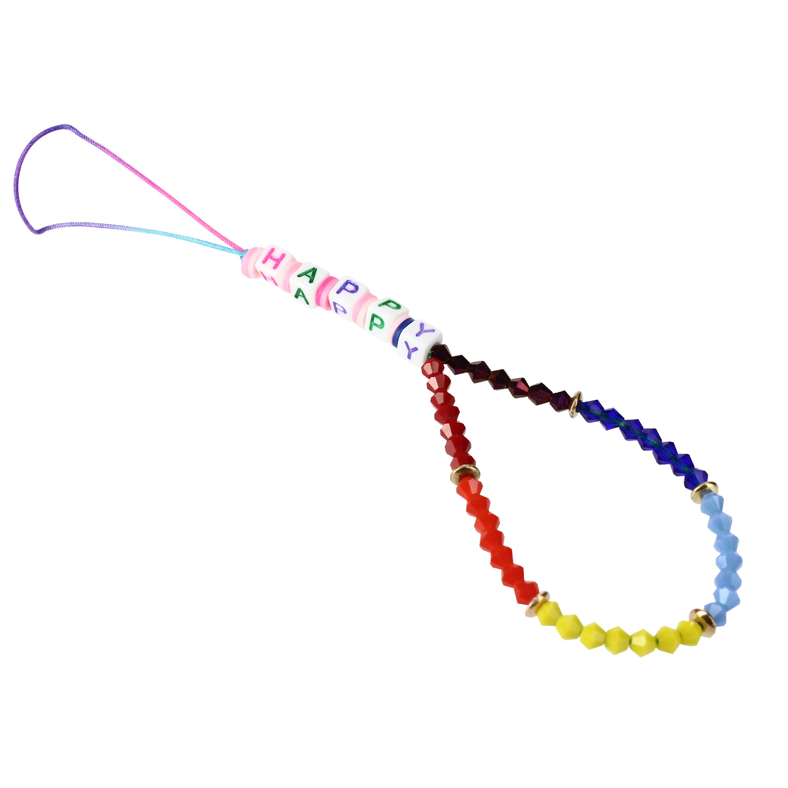 Un cinturino con perline scrive HAPPY con perline colorate e un anello.