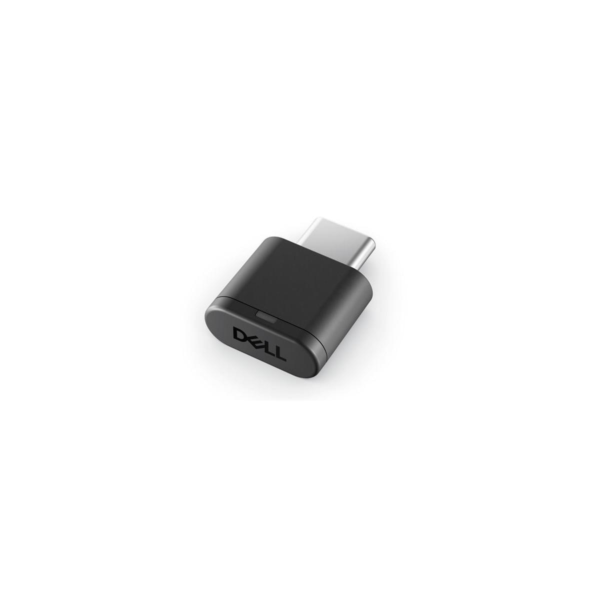Un adattatore Dell USB-C nero con connettore argentato è mostrato su sfondo bianco.