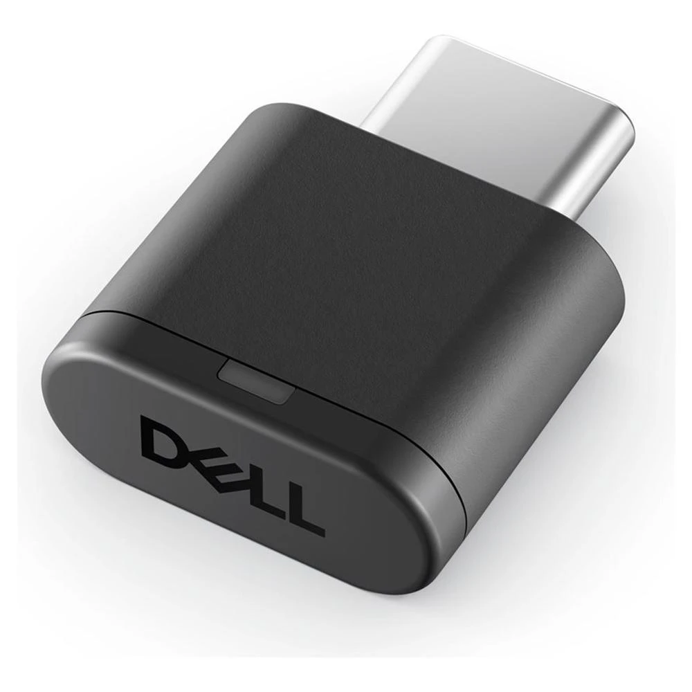 Un adattatore Dell USB-C nero con connettore argentato su sfondo bianco.