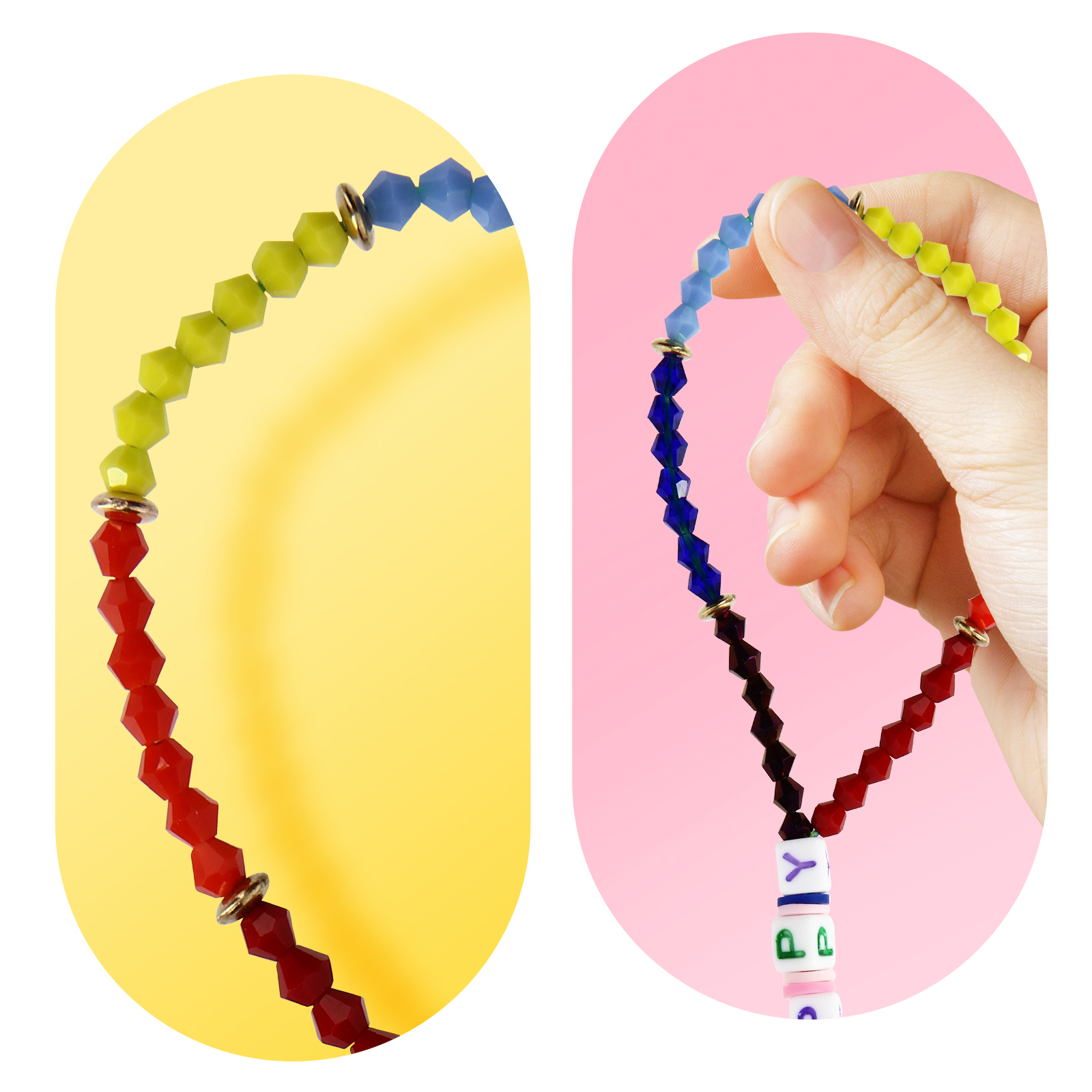 Un braccialetto di perline colorate con lettere è tenuto da dita su sfondo rosa.