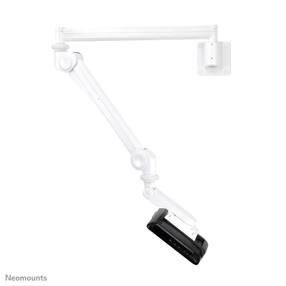 Een witte monitorarm met een zwarte houder voor een apparaat.